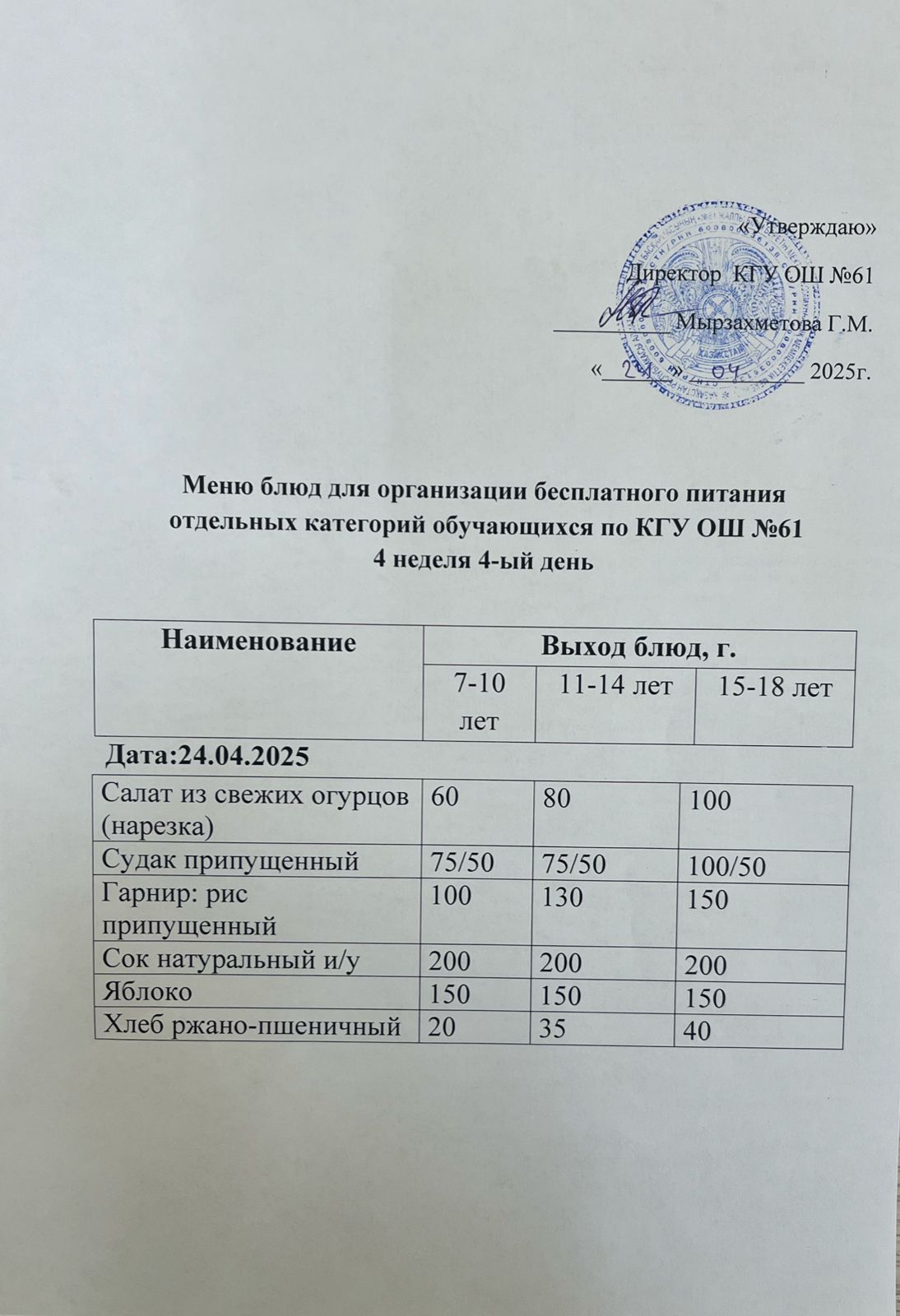 Меню: 4-  ші апта 4- ші күн