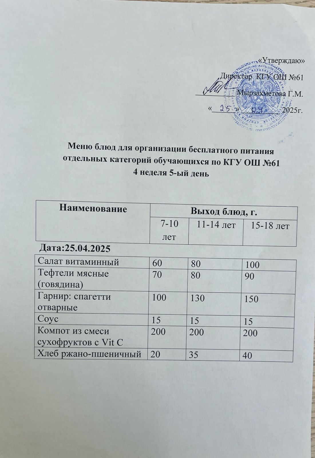 Меню:  4-ші апта 5-ші күн