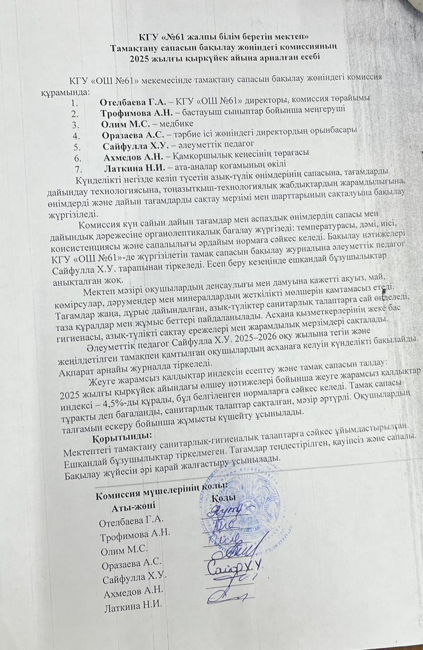 КГУ «№61 жалпы білім беретін мектеп» Тамақтану сапасын бақылау жөніндегі комиссияның 2025 жылғы қыркүйек айына арналған есебі