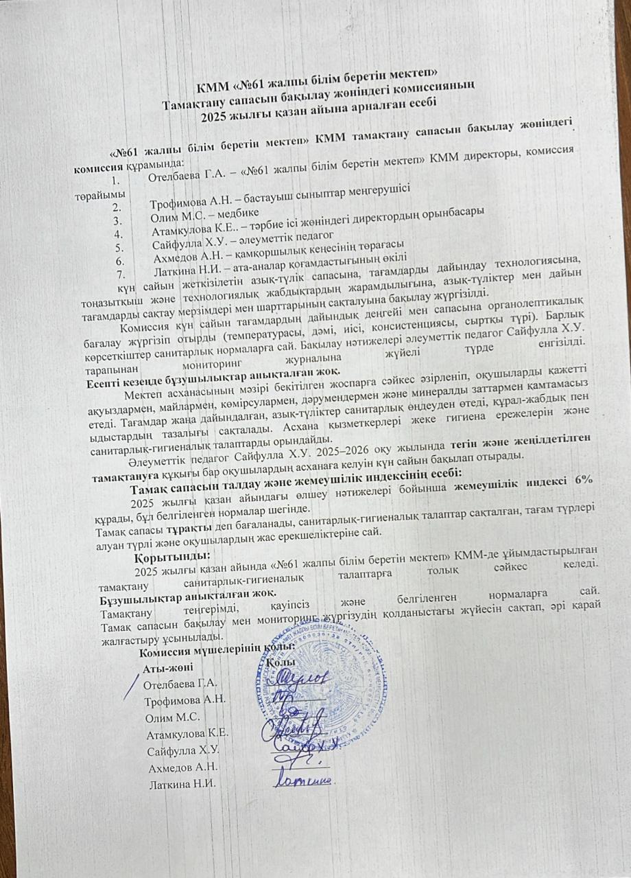 КММ «№61 жалпы білім беретін мектеп» Тамақтану сапасын бақылау жөніндегі комиссияның 2025 жылғы қазан айына арналған есебі