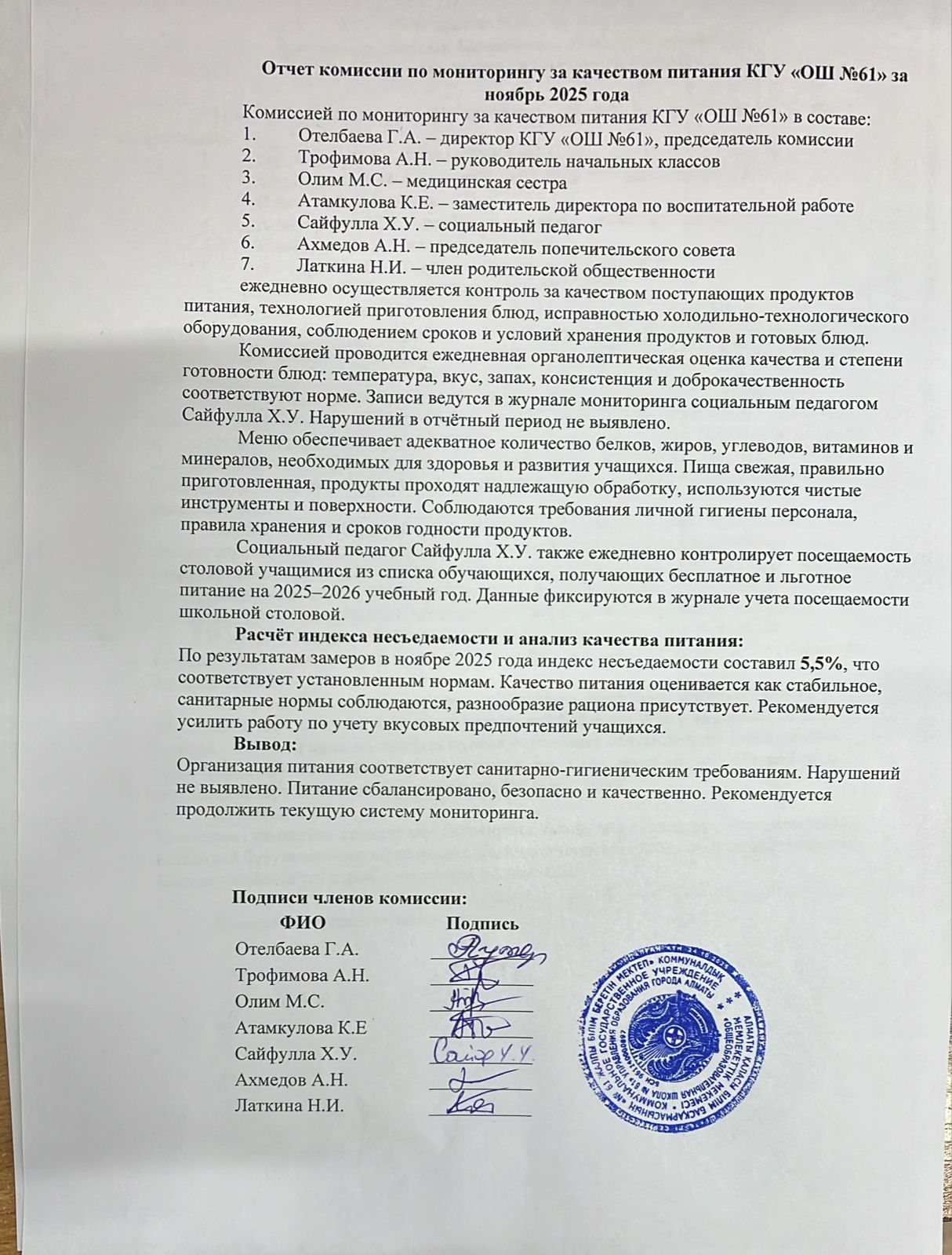 Отчет комиссии по мониторингу за качеством питания за ноябрь