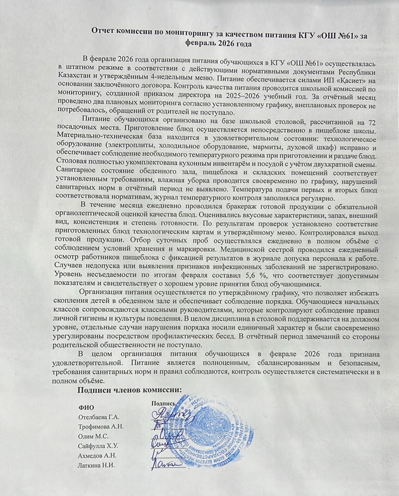 Тамақтану сапасын бақылау жөніндегі комиссияның ақпан айына есебі.Отчет комиссии по мониторингу за качеством питания за февраль