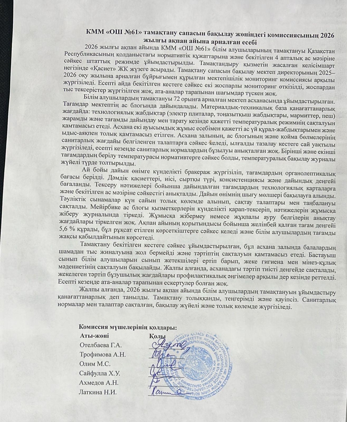 Тамақтану сапасын бақылау жөніндегі комиссияның ақпан айына есебі.Отчет комиссии по мониторингу за качеством питания за февраль